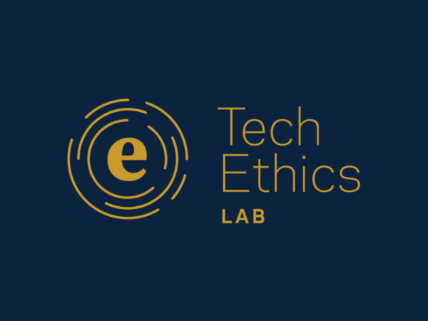 Tech Ethics Lab logo in gold on a blue background, with a lower case "e" surrounded by concentric arcs forming circles