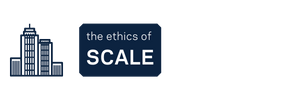 a drawing of a skyline next to the text The Ethics of Scale