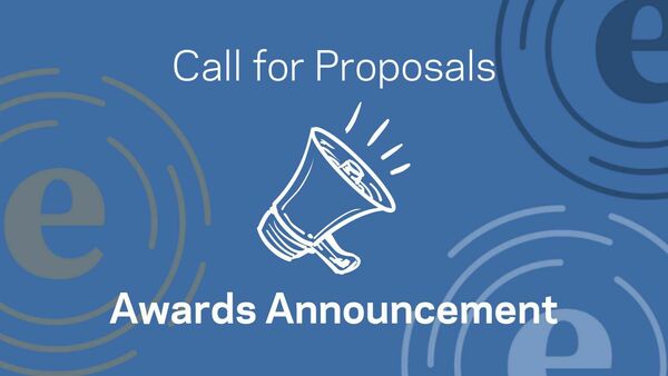 the words "Call for Proposals" above an image of a megaphone and then the words "Awards Announcement," with the Lab's circular logo in three spots in the background